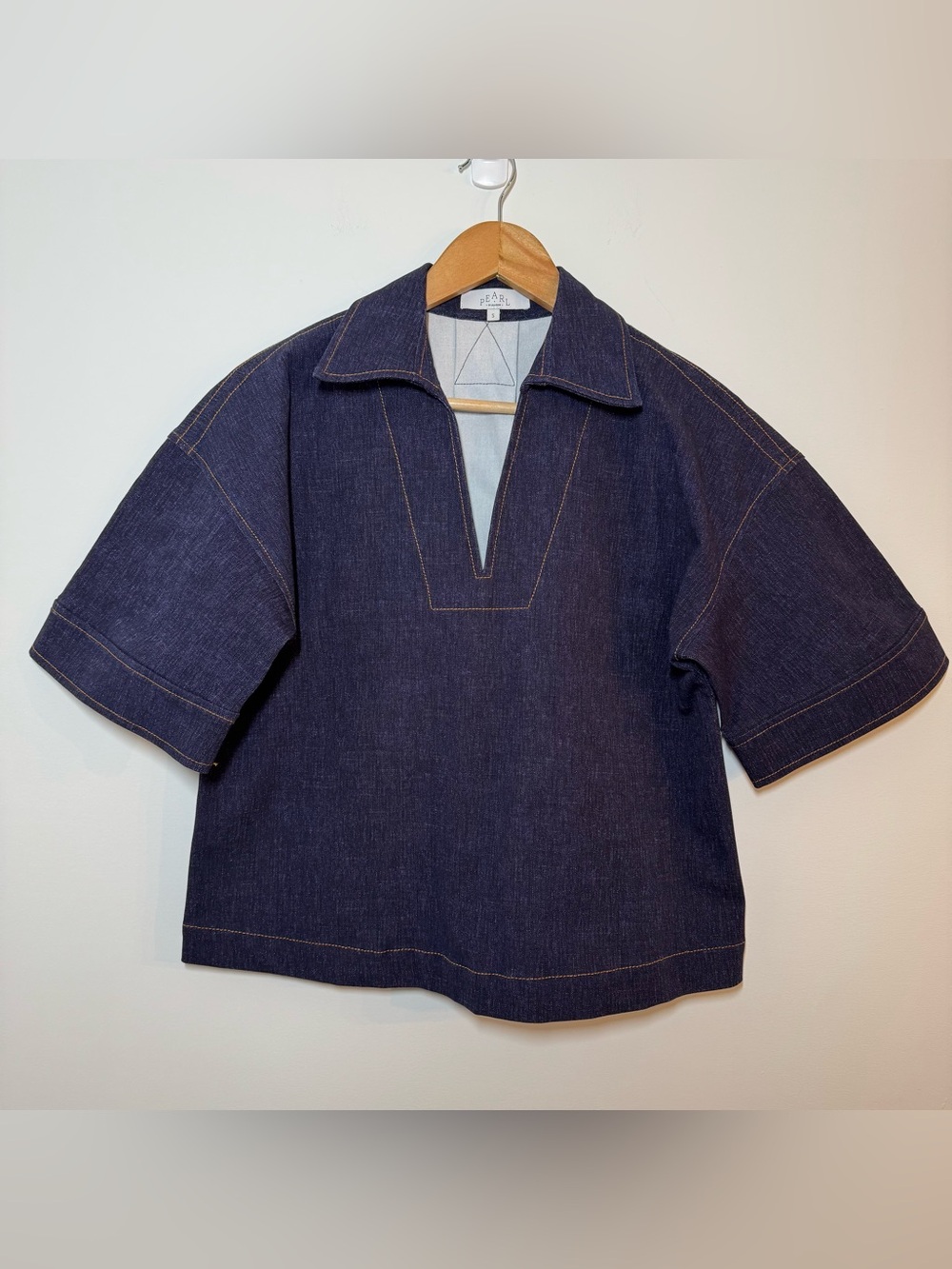 Pearl Lela Rose Top Shirt Small Blue Denim Midnight Stretch V Neck Womens S